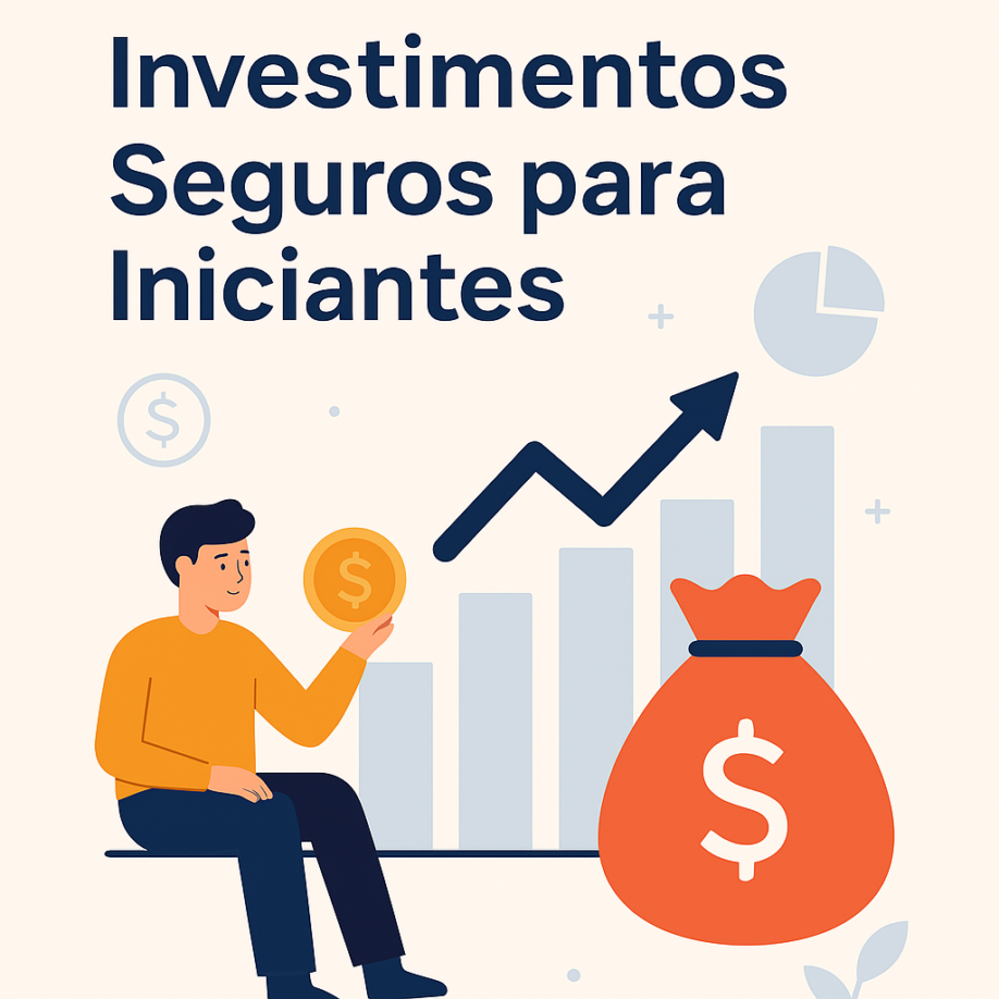 lustração de um homem sorridente ao lado de um gráfico crescente, segurando uma moeda de dólar dourada, com um saco de dinheiro laranja ao fundo. O texto acima diz "Investimentos Seguros para Iniciantes".